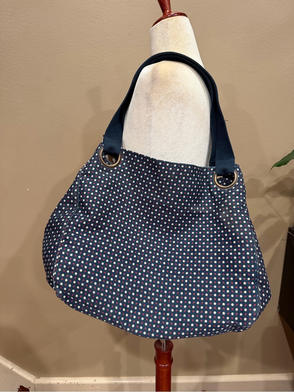 Gap Navy Polka Dot Tote Bag Snap Closure Double Handles Brass Hardware